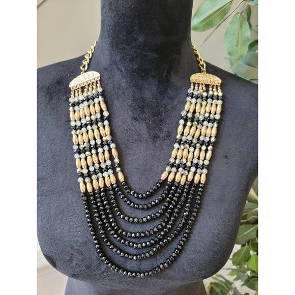 Womens Black And Gold Beaded Multilayer Necklace With Lobster Clasp Lock Jewelry - Picture 2 of 6